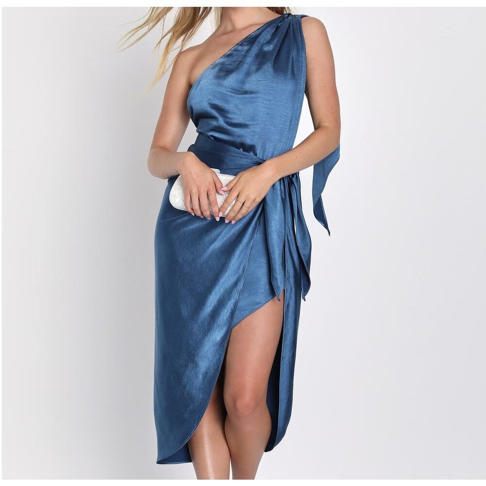LULU'S SZ L Blue Stunning Confidence One-Shoulder Tie-Waist Midi Dress NEW B74